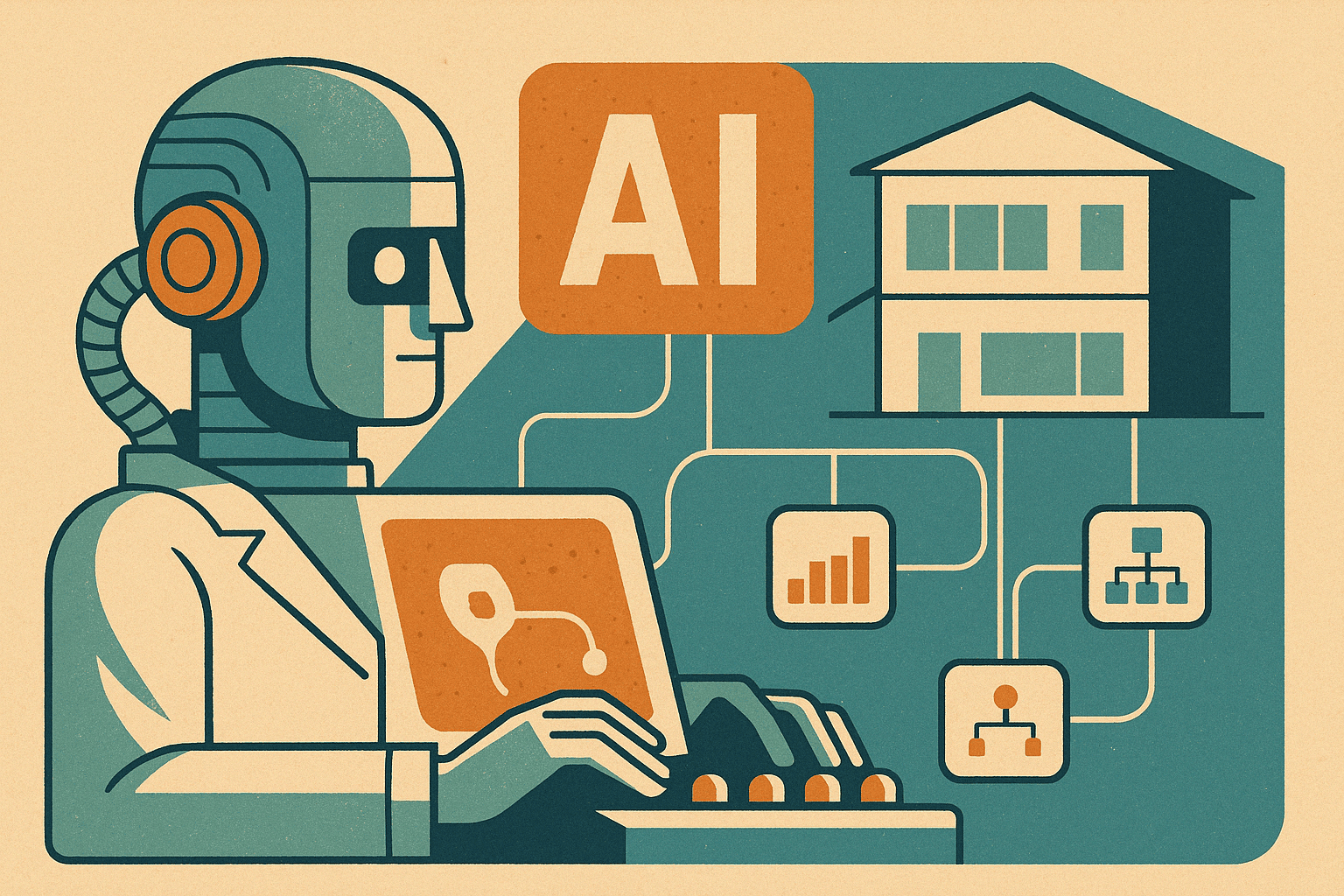 AI Architecture Diagram showing a stylized robot interacting with connected data systems